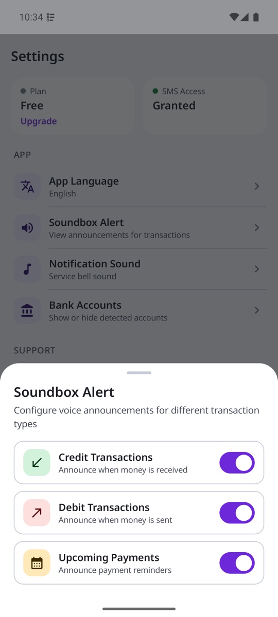 Soundbox alert settings for credit, debit and upcoming payment announcements