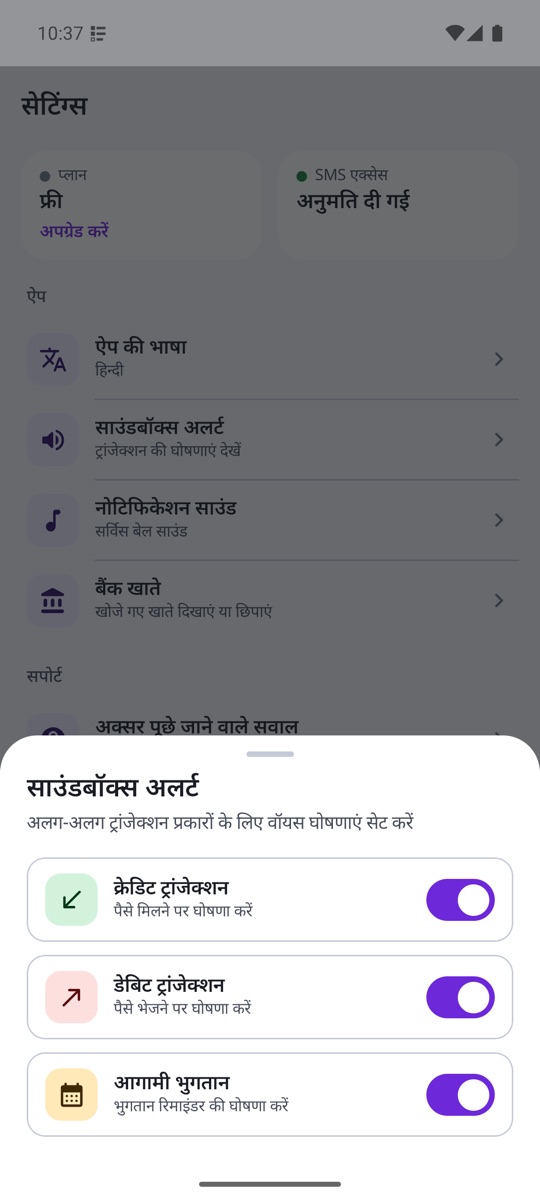 क्रेडिट, डेबिट और आने वाले भुगतान की आवाज़ वाली सेटिंग