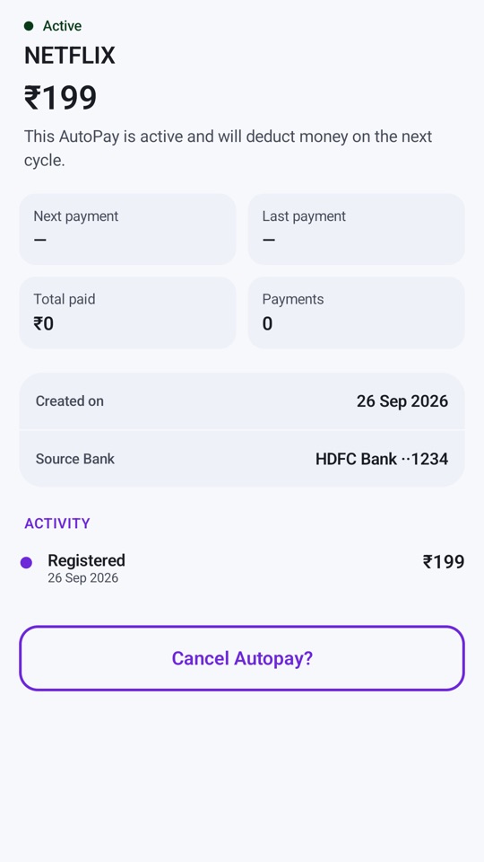 Autopay detail with next payment, last payment, total paid and activity history