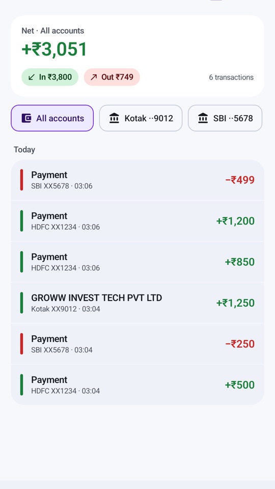 Passbook with net balance, credits and debits across Kotak and SBI accounts
