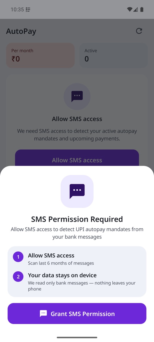 SMS permission sheet explaining that only bank messages are read and nothing leaves the phone
