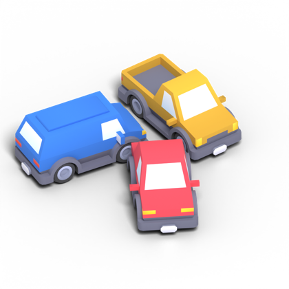 A blue van, a yellow pickup and a red sedan jammed together