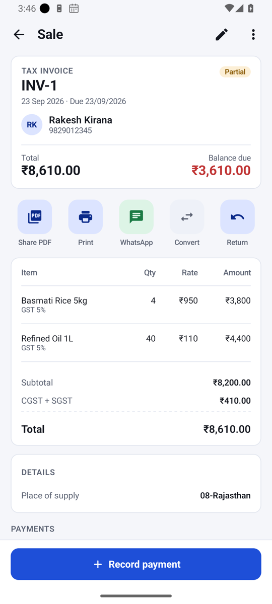 A saved tax invoice with share, print and WhatsApp actions