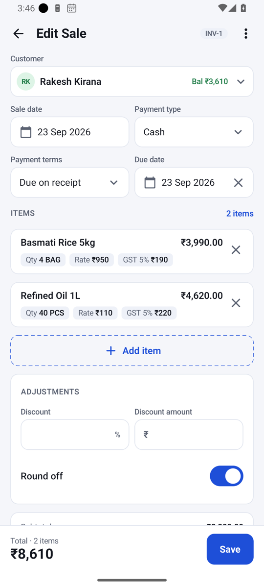 Sale invoice editor with two items and GST totals