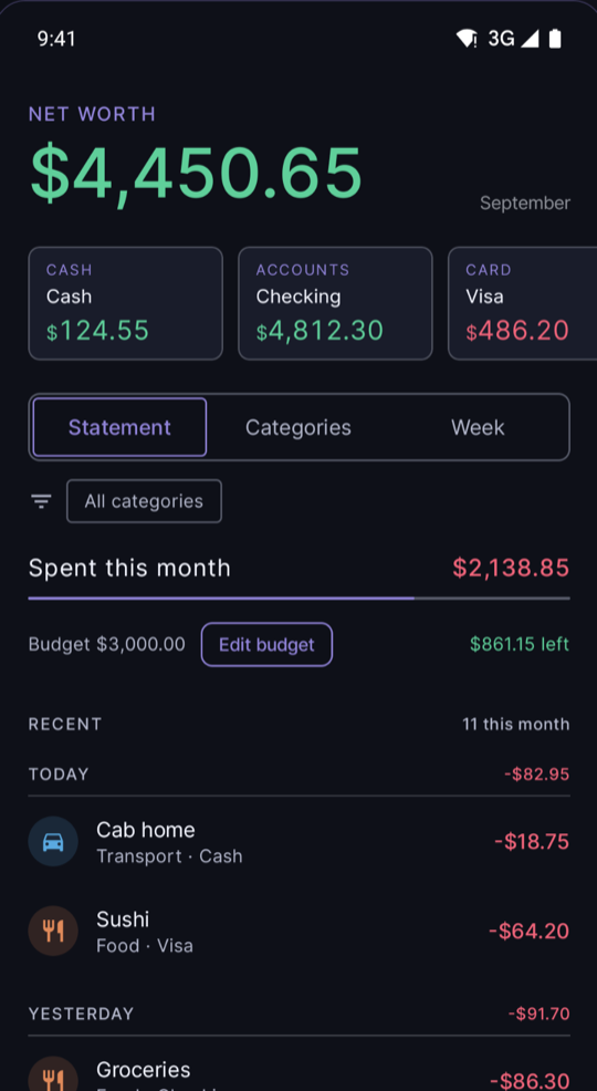 Home: net worth, accounts, this month's spend and budget