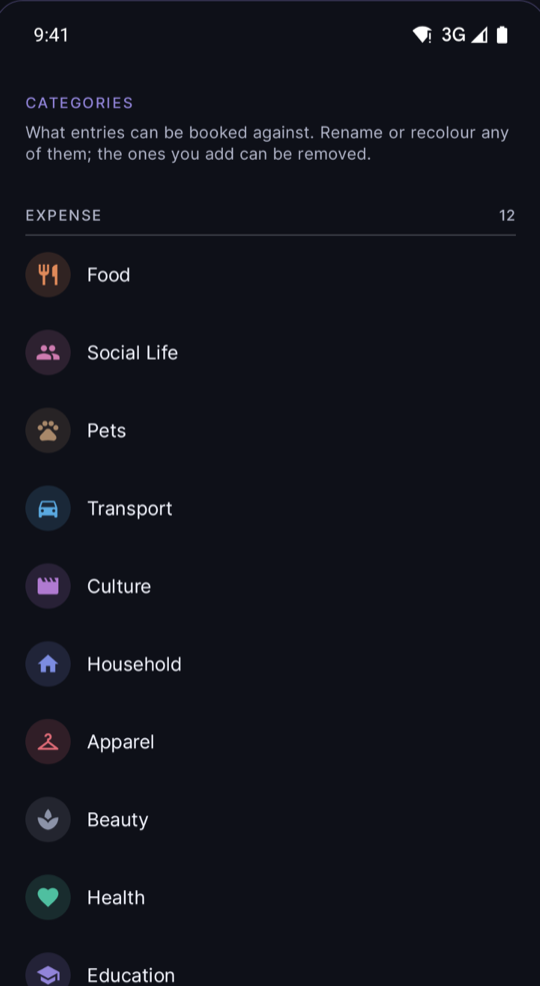 Categories screen
