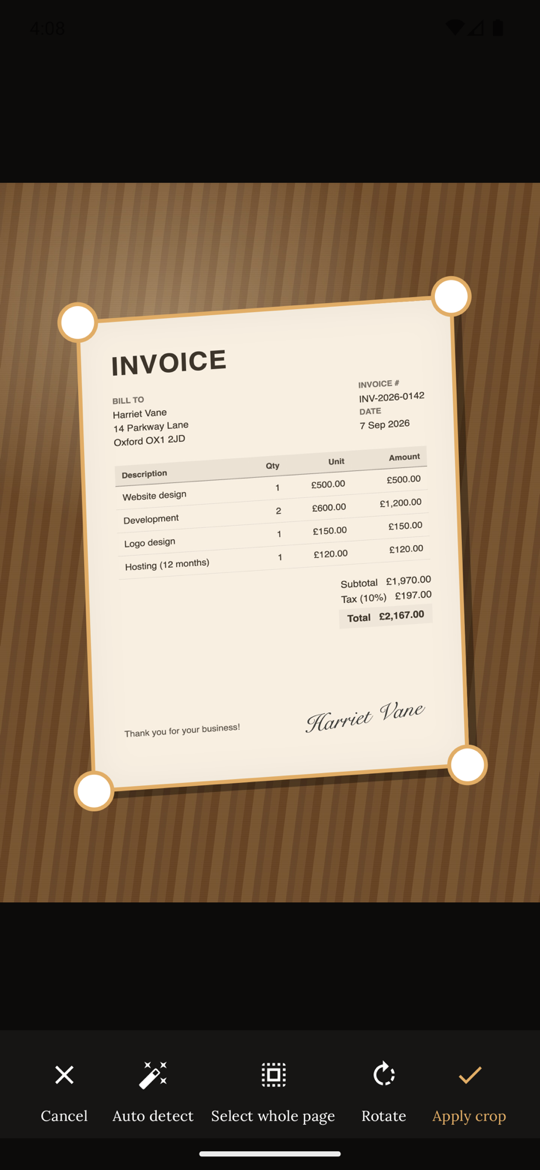 Live edge detection around a page
