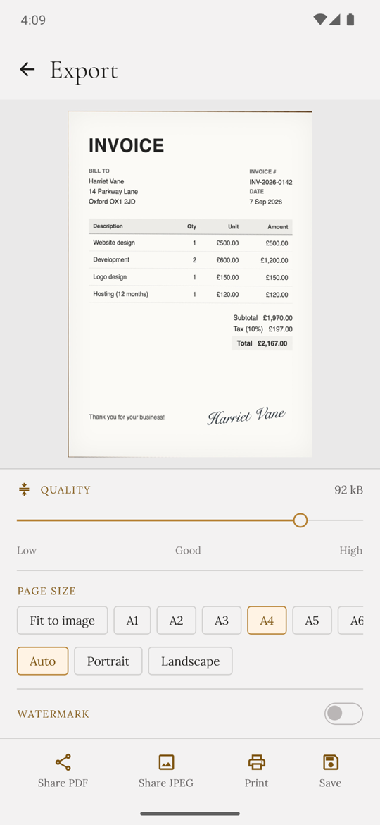 Export options with page size and quality