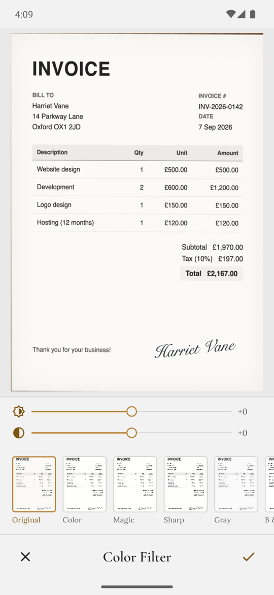 Enhancement filters on a scanned page