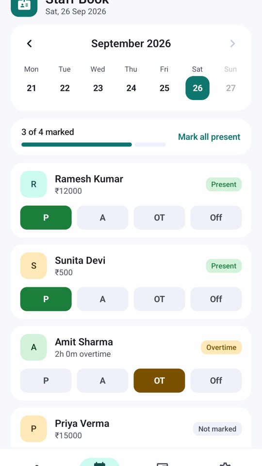 Daily attendance with Present, Absent, Overtime and Off buttons for each staff member
