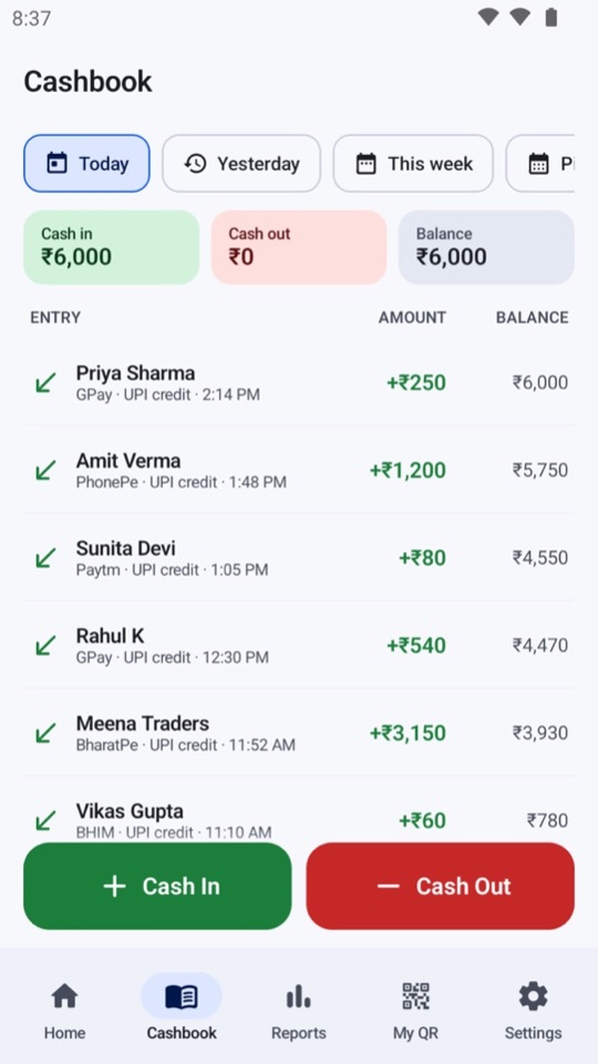 Cashbook with UPI credits, cash in and cash out, and running balance