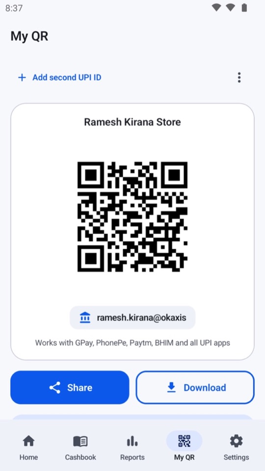 UPI QR code screen with share and download buttons