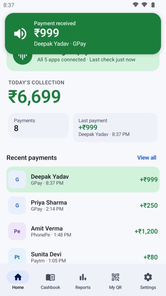 The app announcing a ₹999 payment received on Google Pay